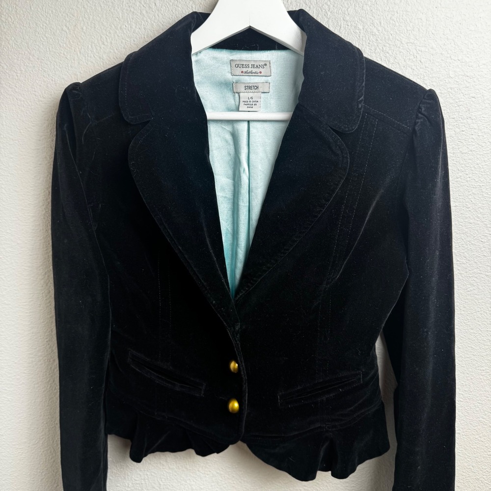 Guess Jeans Velvet Ruffle Blazer Med Slim Black Gold Button Stretch Jacket Y2K
